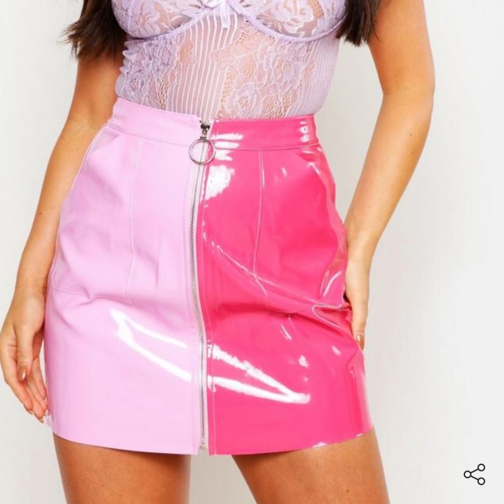 Two Tone Zip Vinyl Pink Leather Skirt